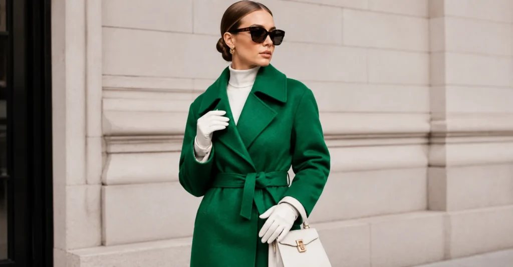 Devil Wears Prada outfit featuring Andy Sachs inspired green statement coat