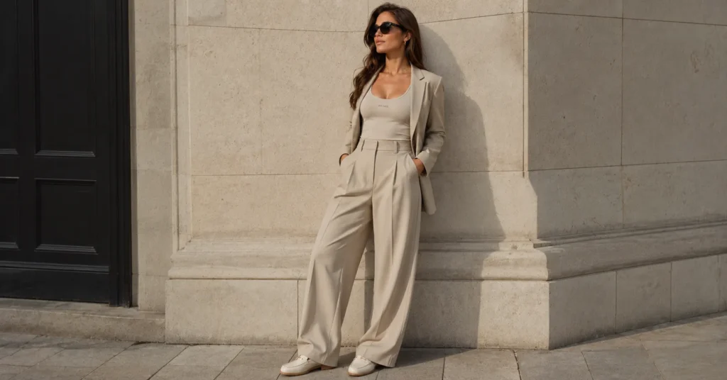 SKIMS tank top styled under a blazer for a smart casual outfit.
