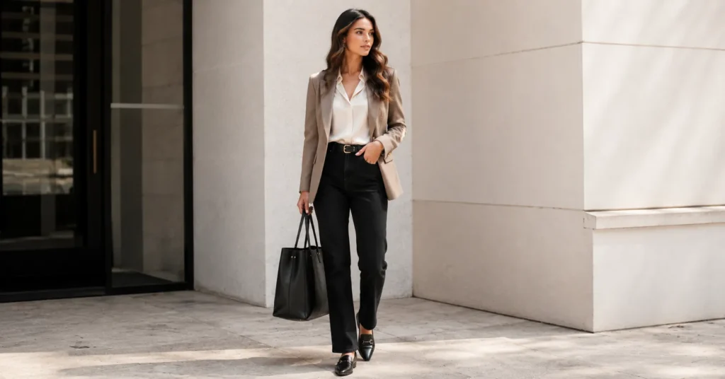 Stovepipe Jeans Outfit Ideas: How to Style Them in this year 4 Black stovepipe jeans outfit ideas for work with a satin blouse and blazer.