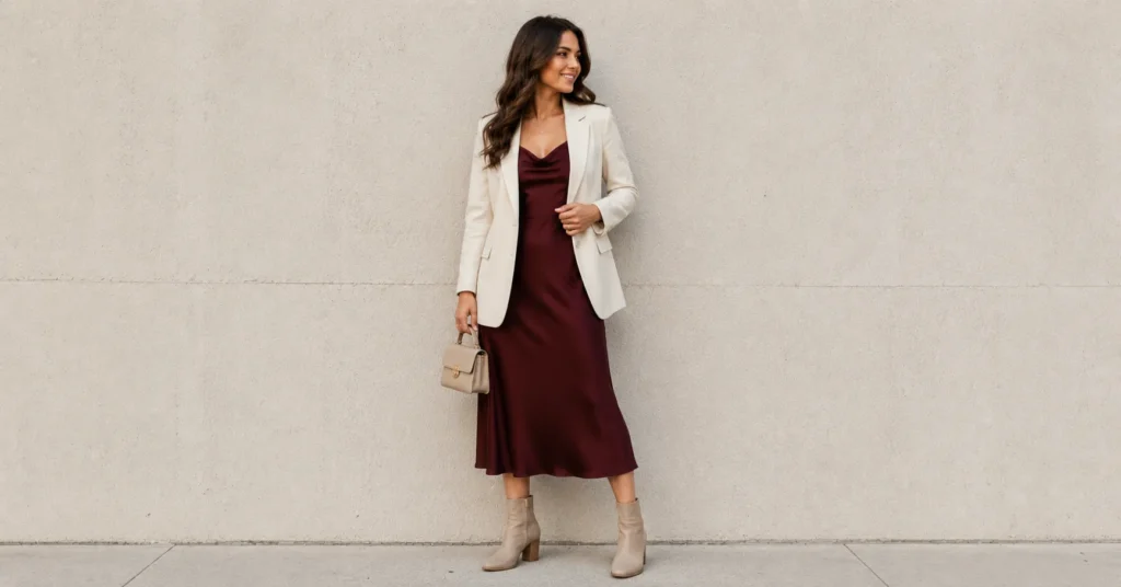 Teddy Swims Concert Outfit Ideas: What to Wear to the Show 5 Teddy Swims concert outfit ideas for date night with burgundy midi dress, blazer, and ankle boots.