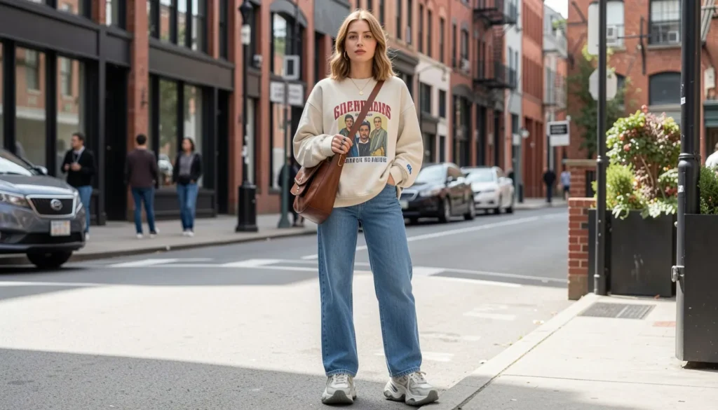Trendy Sweatshirts Outfit Ideas: How to Style Them in this year 4 Street style trendy sweatshirts outfit ideas with graphic sweatshirt, straight-leg jeans, and chunky sneakers.