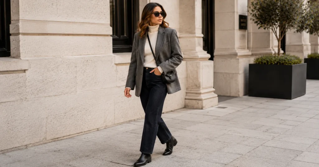 Wool Blazers for Women: The Complete Style & Buying Guide 8 Smart casual wool blazers for women outfit with grey oversized blazer, turtleneck, jeans, and Chelsea boots.