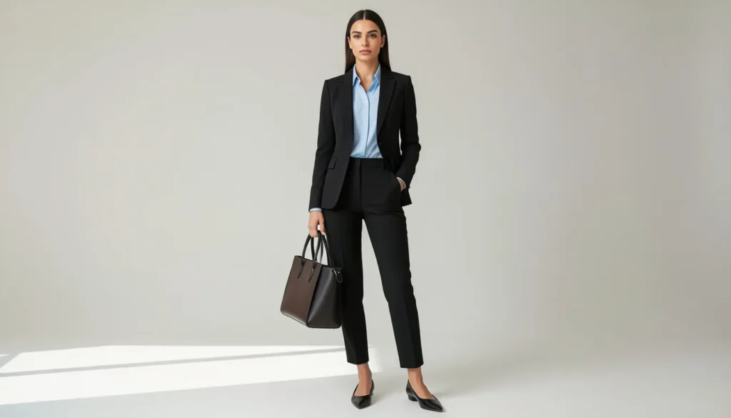 Business attire for women featuring a black blazer, tailored trousers, and pointed-toe flats.