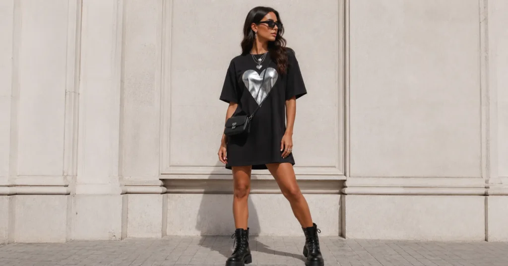 Chrome heart dress outfit featuring an oversized black t-shirt dress, chunky boots, and silver accessories.