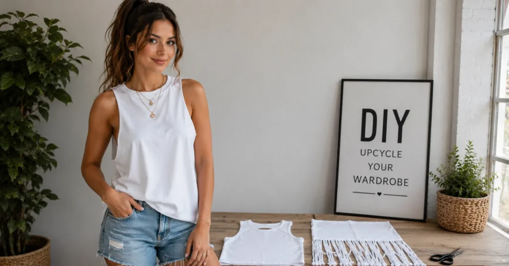 Cutting Shirts: The Guide to DIY Shirt Cutting Styles, Tips and Designs 5 Cutting shirts into a tank top using simple no-sew DIY shirt cutting methods.