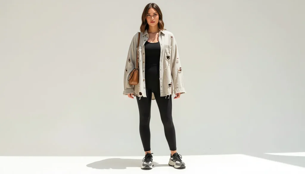 Distressed Shirt for Women: The Complete Guide to Edgy, Effortless Style 4 Distressed shirt for women in an oversized streetwear outfit with leggings and chunky sneakers.