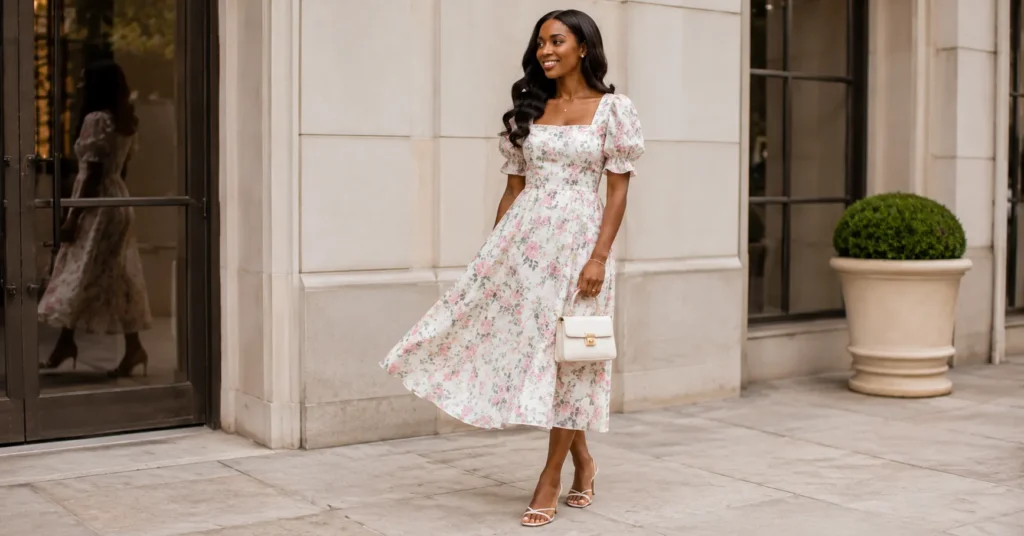 Girly Outfits Black Women Will Love: A Complete Feminine Style Guide 7 Girly outfits black women can style with a floral midi dress, pearl earrings, and feminine sandals.