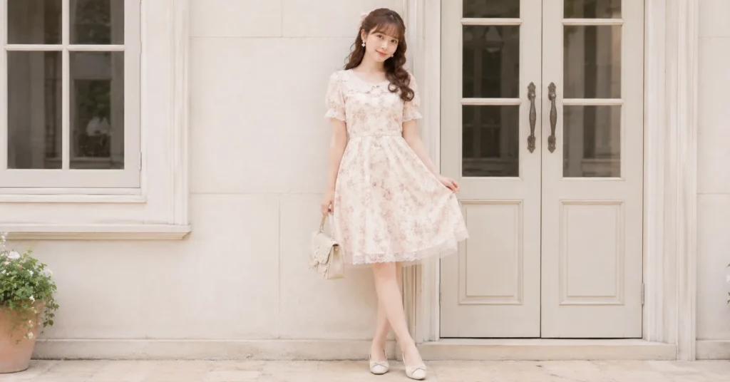 Himekaji outfits with a floral dress and feminine princess casual accessories.