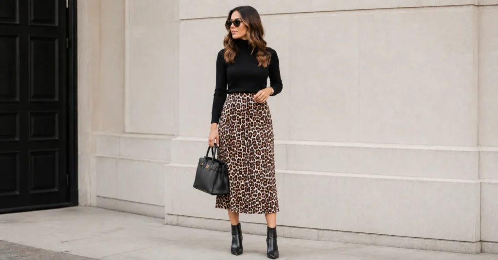 Leopard Print Outfit Ideas: How to Wear This Timeless Statement With Confidence 5 Leopard print outfit featuring a leopard print midi skirt and black turtleneck.