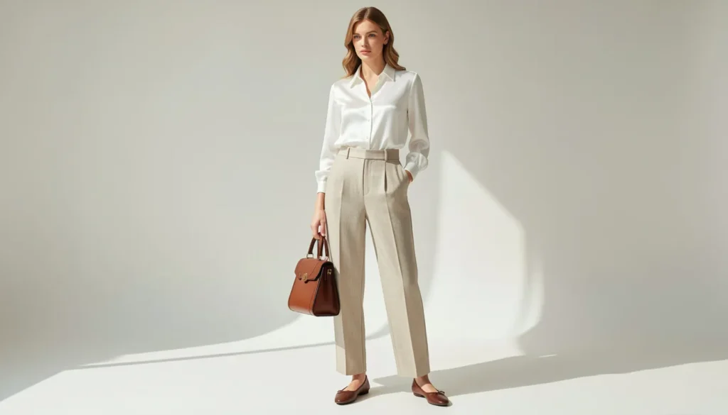 Old Money Summer Fashion: The Complete Guide to Timeless Warm-Weather Style 6 Old Money Summer Fashion featuring a white blouse and beige linen trousers.