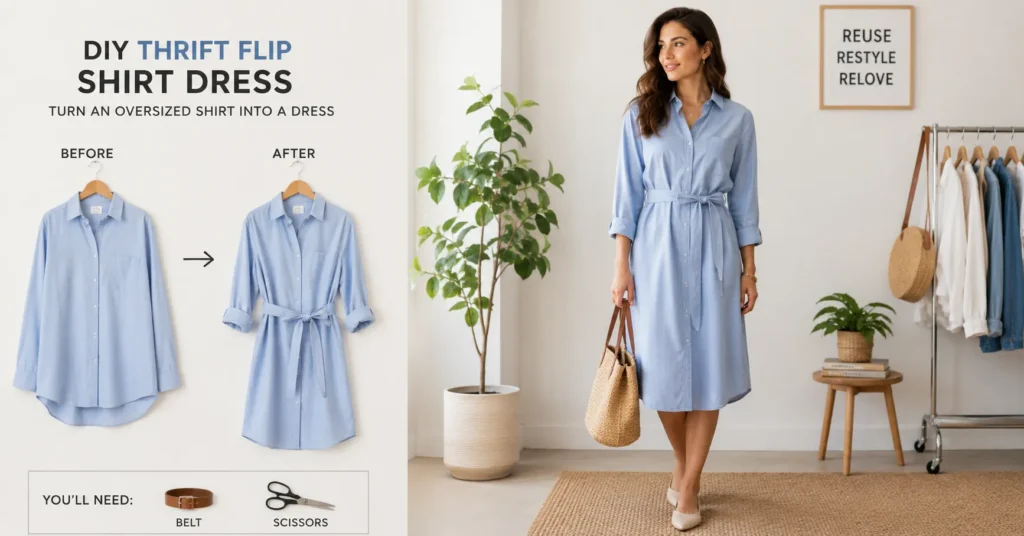 Upcycle Shirt Projects: The Complete Guide to Refashioning Old Shirts Into Something New 5 Upcycle shirt project featuring an oversized button-up shirt refashioned into a belted shirt dress.