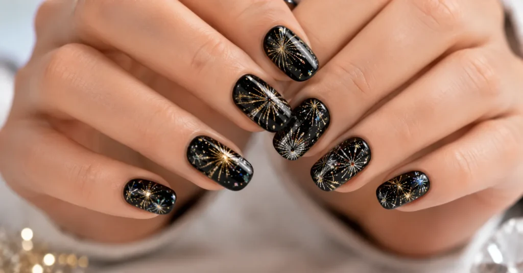 Firework nails with gold and silver burst designs on black polish for New Year’s Eve.