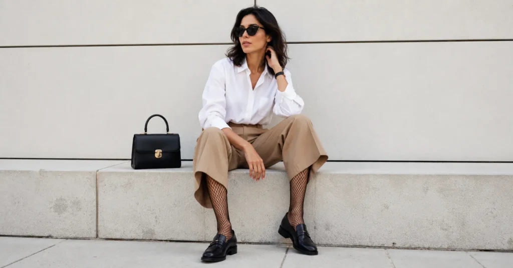 Fishnet outfits with ankle socks and loafers for modern office fashion