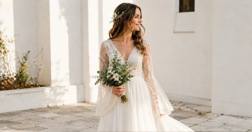 Elopement Dress Ideas: How to Find the Perfect Look for Your Intimate Wedding 5 Elopement dress ideas featuring a bohemian lace bridal dress with flowy sleeves.