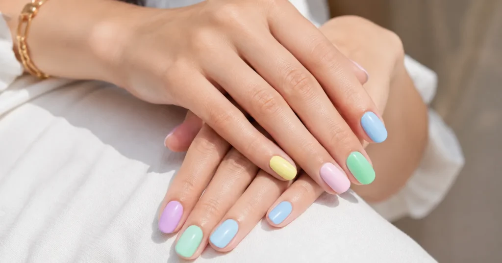 Pastel multicolored manis palette perfection with soft spring-inspired nail colors.