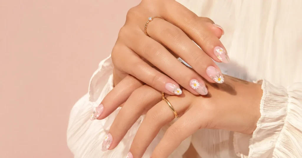 Nails for June: Fresh Summer Designs, Colors, and Ideas Worth Trying 6 Nails for June featuring floral nail art with daisy designs and soft pastel summer manicure ideas.
