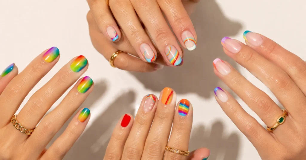 Pride Nails Designs: 30+ Bold Ideas, Colors, and Techniques to Celebrate in Style 4 Pride nails designs featuring rainbow nail art, colorful French tips, and modern pride manicure ideas.