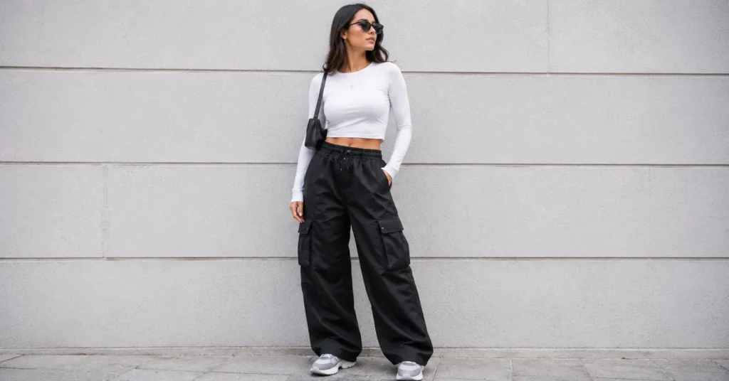 Black Cargo Pants Outfit Ideas: 30+ Stylish Looks for Every Occasion 5 Black cargo pants outfit ideas featuring trendy streetwear styling with chunky sneakers.