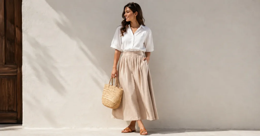 Modest outfit ideas for summer with linen dresses, wide-leg pants, and breathable wardrobe essentials.