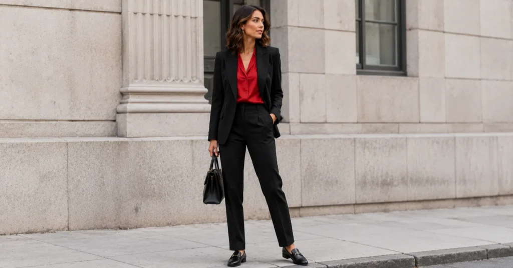 Red and black outfit ideas for work featuring black trousers, a red blouse, and a tailored blazer.