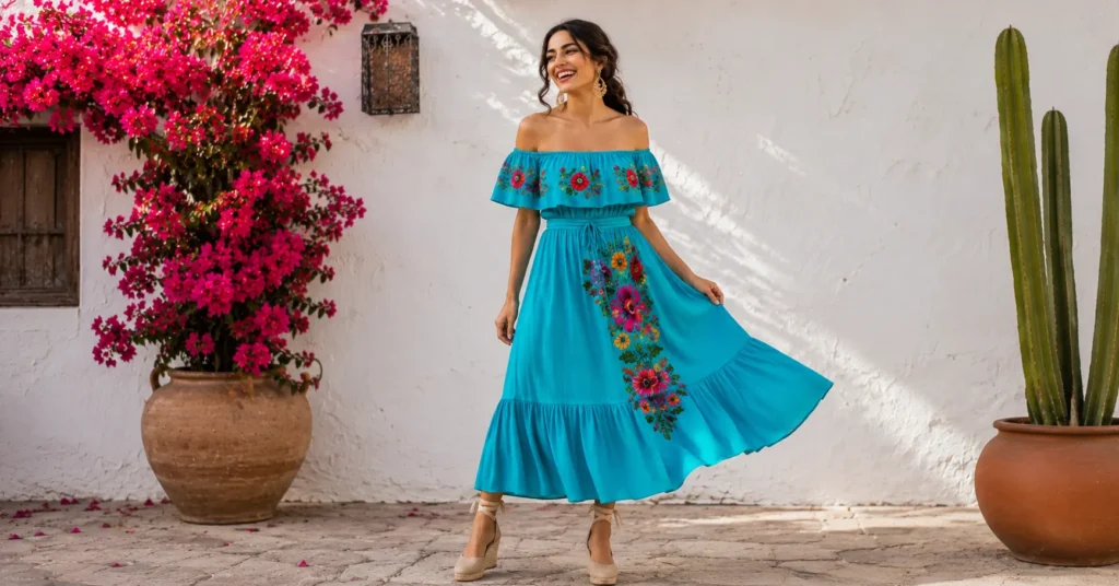 Fiesta party outfit ideas featuring a turquoise off-shoulder dress.