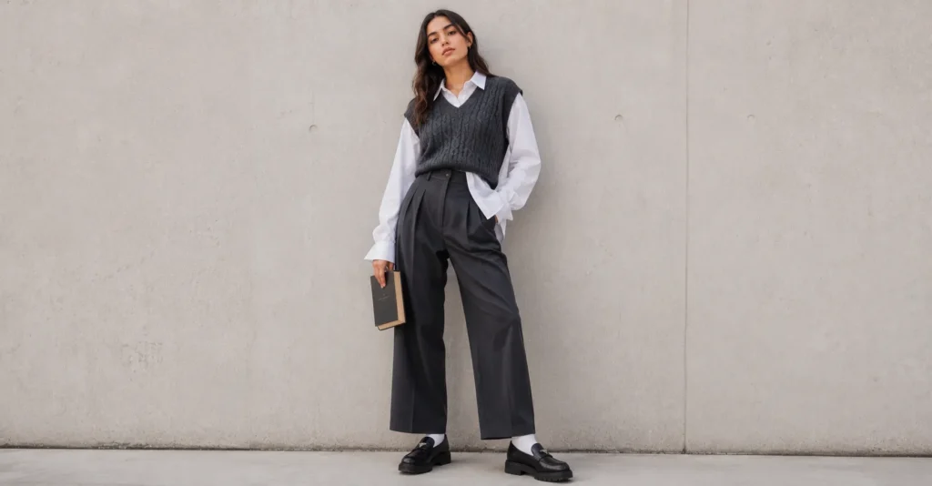 The Complete Guide to Gen Z Outfit Ideas: Trends, Staples, and Styling 4 Gen Z outfit ideas inspired by academia fashion with sweater vest, trousers, and loafers.
