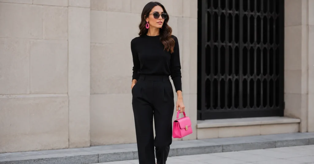 Pink and Black Outfit Ideas: 30+ Bold Looks for Any Occasion 4 Pink and Black Outfit Ideas featuring a black outfit with chic pink accessories