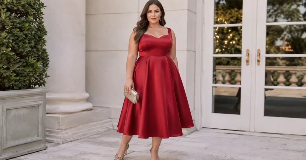Plus Size Christmas Party Outfit Ideas featuring a ruby red A-line midi dress