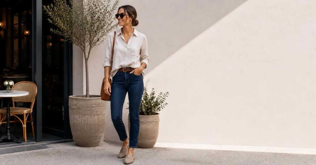 Casual Lunch Outfit Ideas: 30 Effortless Looks for Any Occasion 4 Casual lunch outfit ideas featuring dark jeans and a linen shirt.