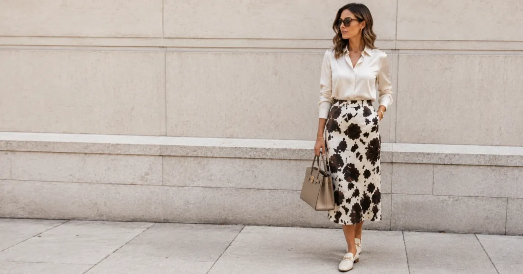 Cow Print Skirt Outfit Ideas: 30 Effortless Looks You'll Love 4 Cow Print Skirt Outfit Ideas for work featuring a cream blouse and loafers.