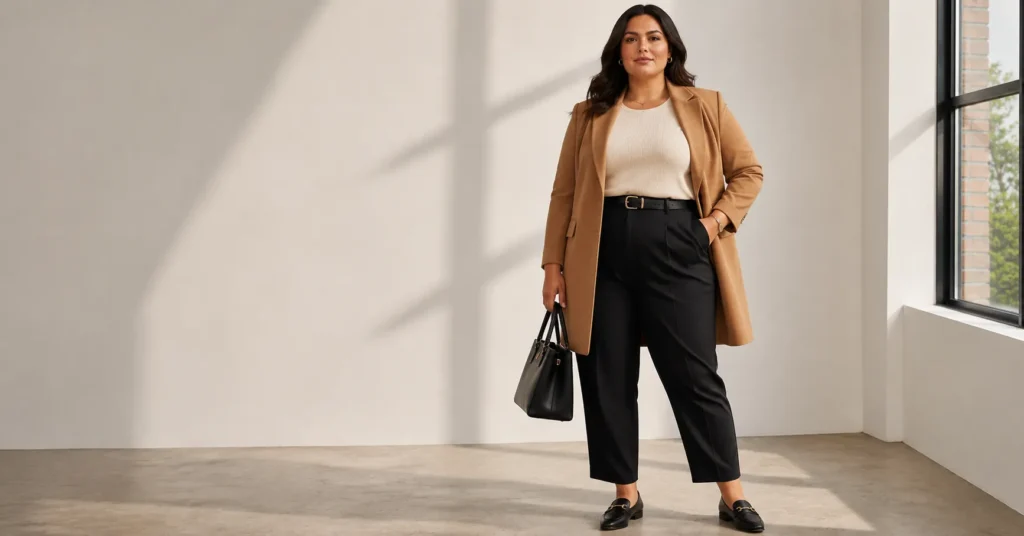 Plus Size Business Casual Outfit Ideas: 25 Effortless Looks for Work 6 Plus Size Business Casual Outfit Ideas featuring ankle pants and a longline blazer.