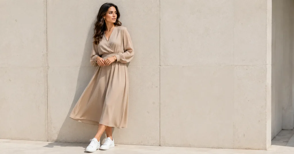 Smart Casual Outfit Ideas with a midi dress and white sneakers.