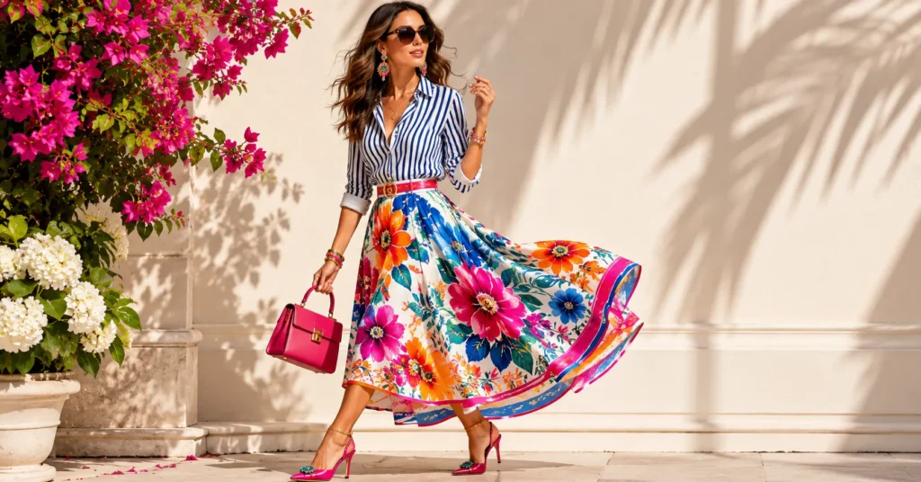 The Ultimate Guide to Summer Maximalist Outfits (2026) 4 Summer maximalist outfits showcasing floral and striped pattern mixing.