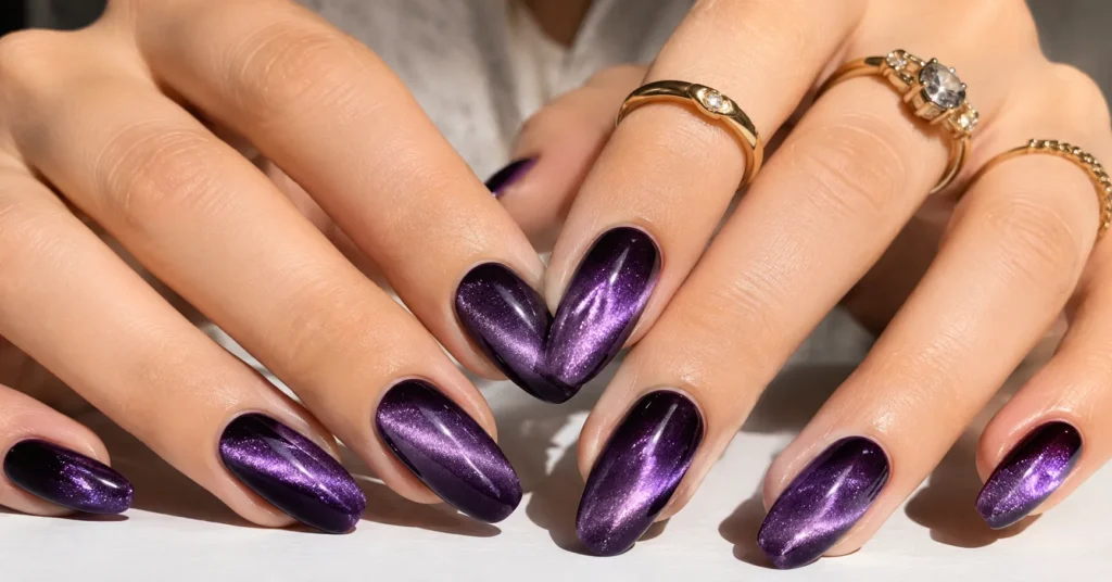 Glamorous birthday nails featuring elegant velvet magnetic polish design.