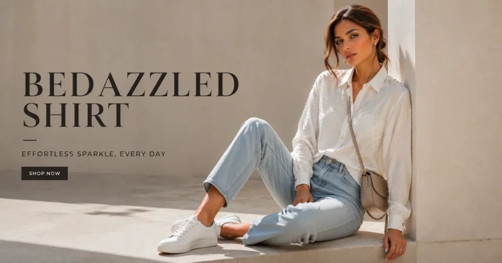Bedazzled Shirt: The Complete Guide to Dazzling Style 7 Bedazzled shirt paired with jeans and sneakers for a casual everyday fashion outfit.