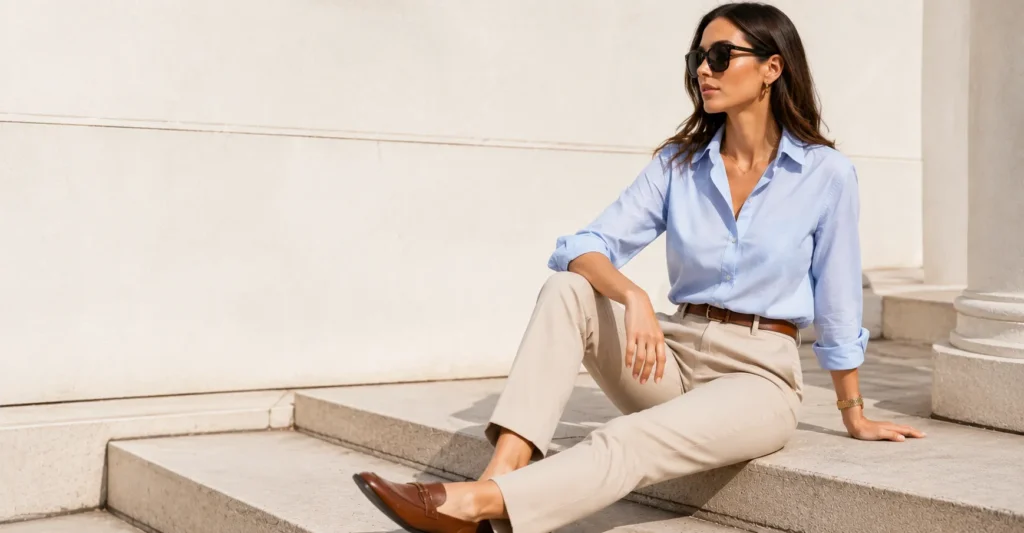 Button Shirt: Complete Guide to Effortless, Versatile Style 5 Button shirt outfit featuring a light blue Oxford shirt and chinos for a smart-casual look.