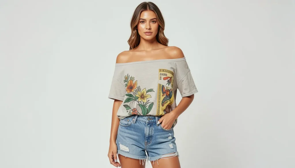 Cut Up Shirt Ideas: The Complete Guide to Bold DIY Refashions 5 Cut up shirt ideas featuring an off-shoulder DIY shirt styled with denim shorts.