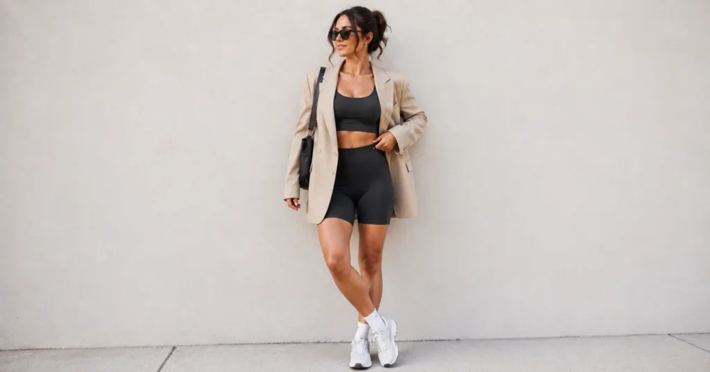 Sporty outfits for women featuring bike shorts and a blazer for a chic gym-to-brunch look.