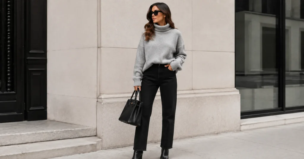 Gray and black outfit featuring black jeans and a chunky gray turtleneck sweater.