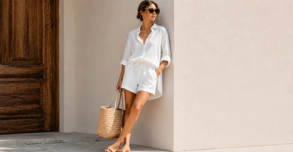 The Complete Guide to White Shorts Outfit Ideas: Styling Tips and Trends 5 White shorts outfit ideas showcasing white linen shorts styled for beach and vacation wear.