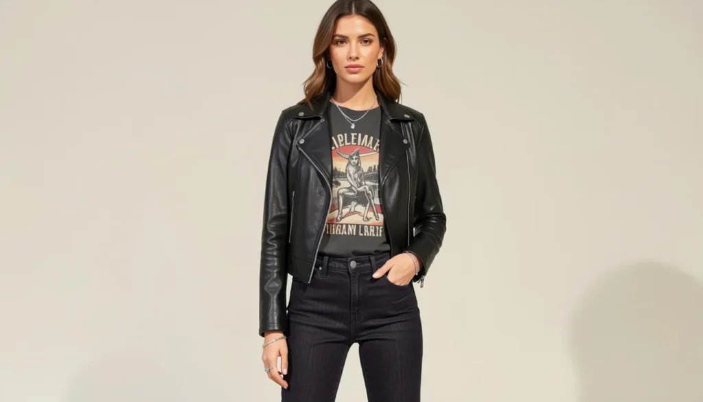 Lorelai Gilmore outfits ideas featuring a leather jacket, graphic tee, and jeans for casual everyday style.