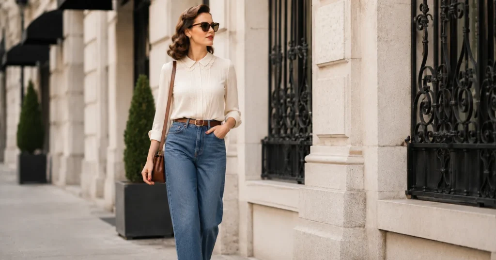 Old fashioned outfits mixed with modern jeans creating a stylish contemporary vintage fashion look.