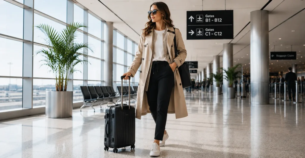 Plane outfits featuring layered travel clothing designed for comfort and changing flight temperatures.