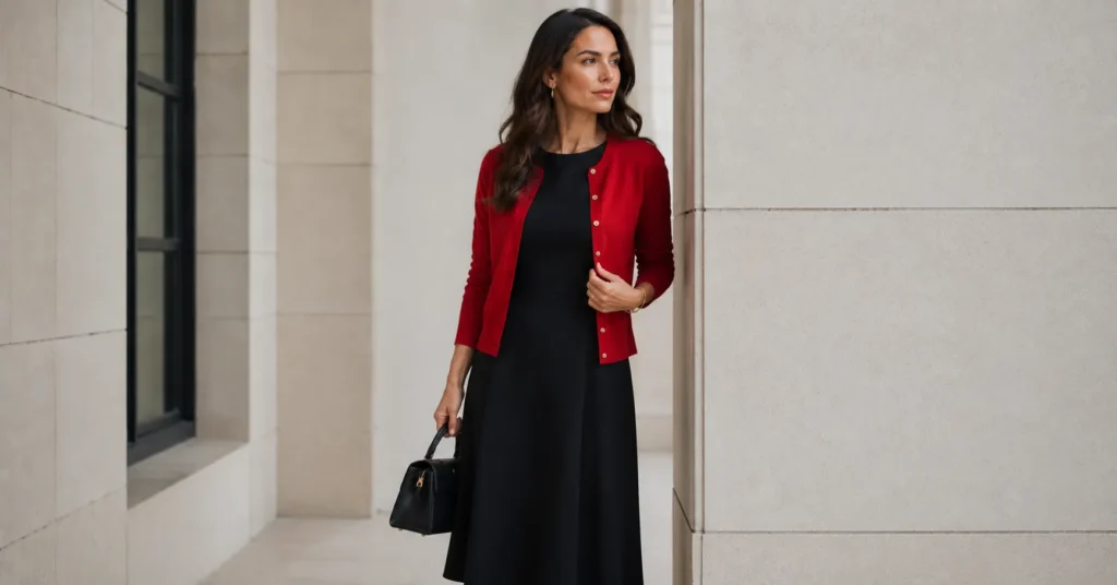 Red cardigan outfits layered over a black dress for a polished and sophisticated look.