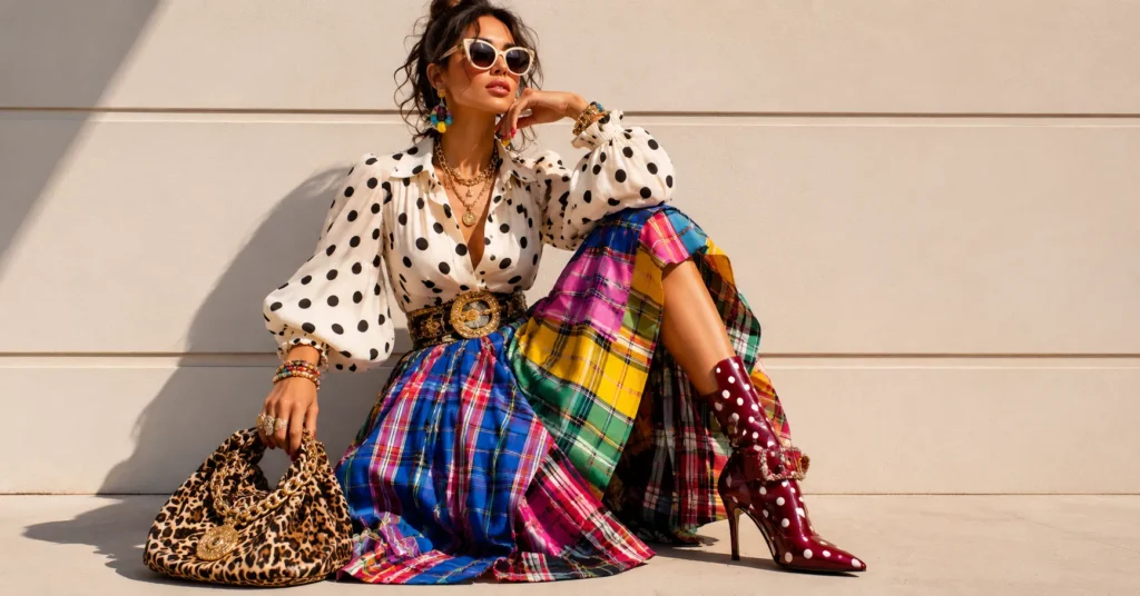 Ridiculous outfits showcasing creative print mixing and bold maximalist fashion choices.