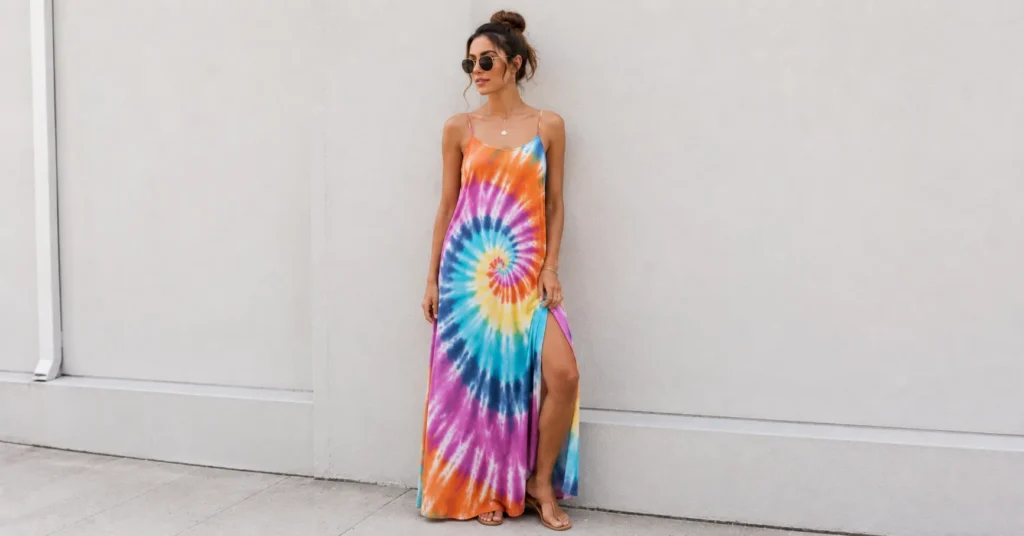The Complete Guide to Styling Tie Dye Outfits for Every Season 5 Tie dye outfits featuring a colorful maxi dress styled for summer fashion.