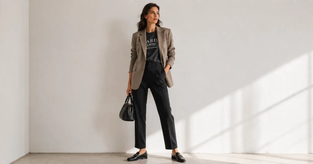Graphic tee styling with blazer and tailored trousers