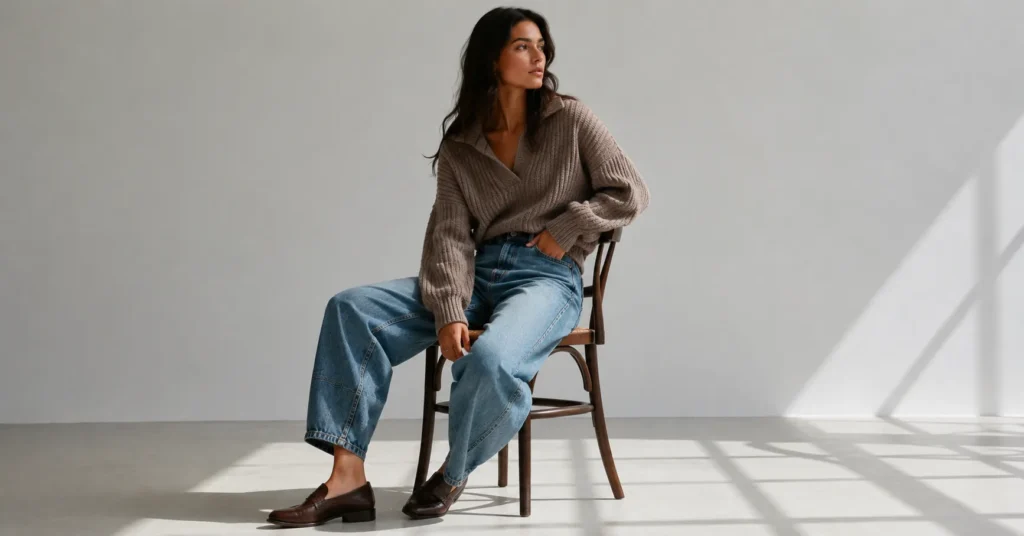 Barrel-leg oversized jeans outfit styled with an oversized sweater for fall fashion.