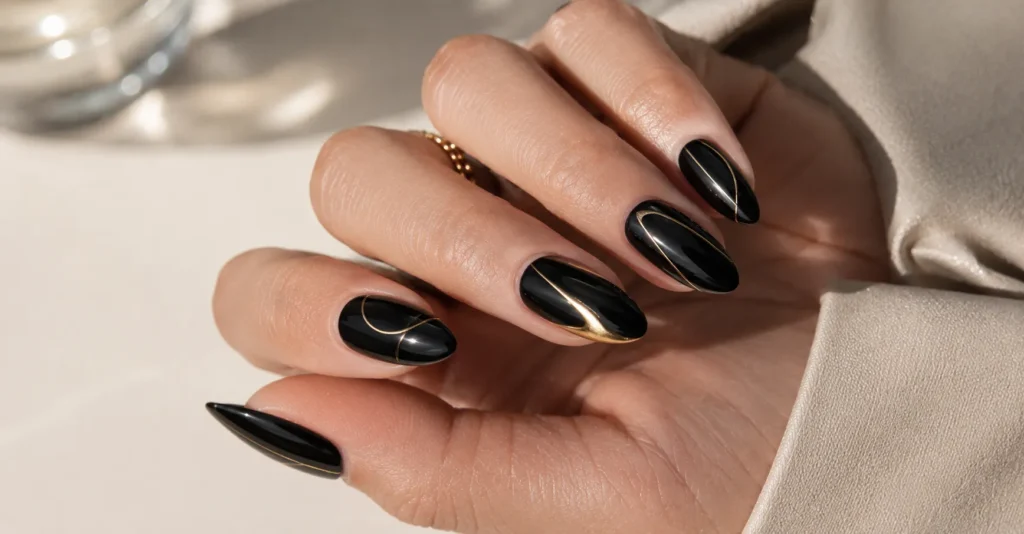 Black nail art ideas featuring elegant gold accents and luxury manicure designs.