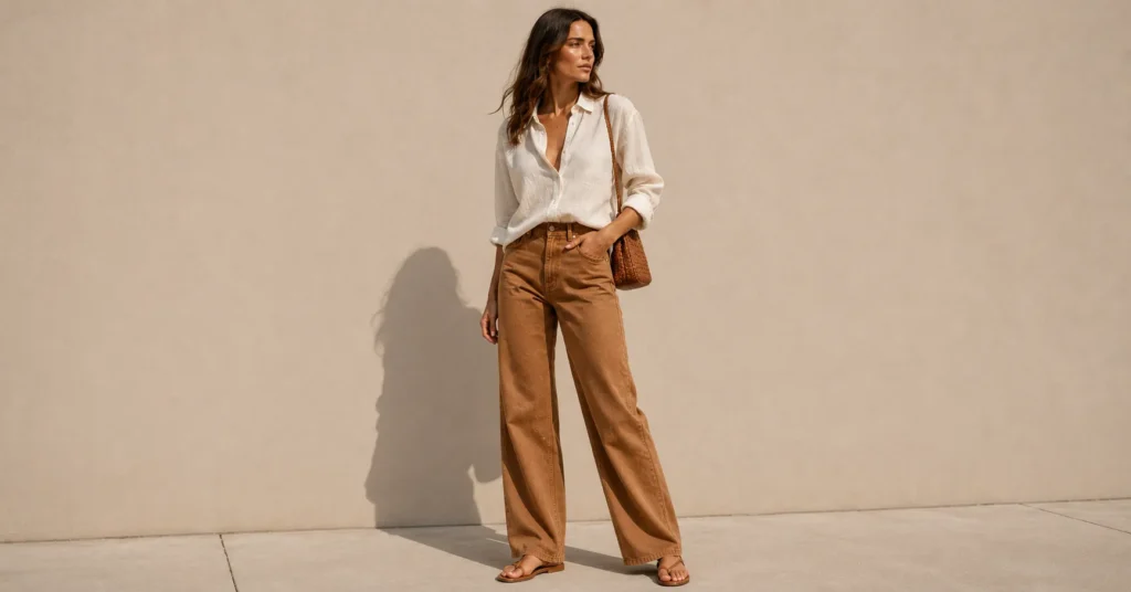 Brown jeans fashion trend featuring caramel brown jeans for spring outfits.